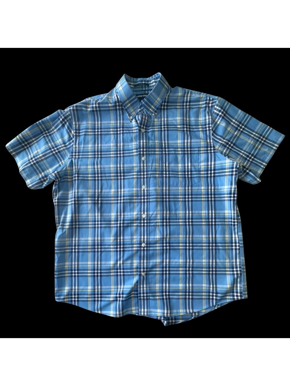 Lands’ End Mens XL Traditional Fit Blue Plaid Button Down Shirt Cotton 17-17.5